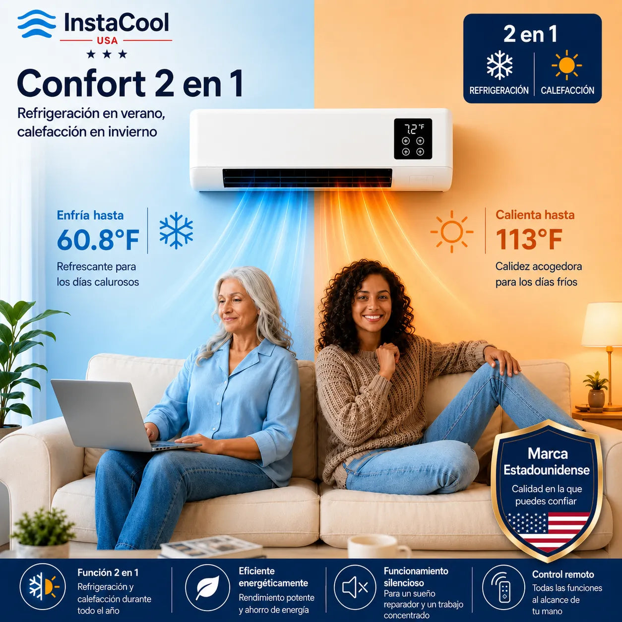 InstaCool Pro - Aire acondicionado y calentador portátiles – No requiere instalación | 2 en 1 | Cubre hasta 550 pies cuadrados