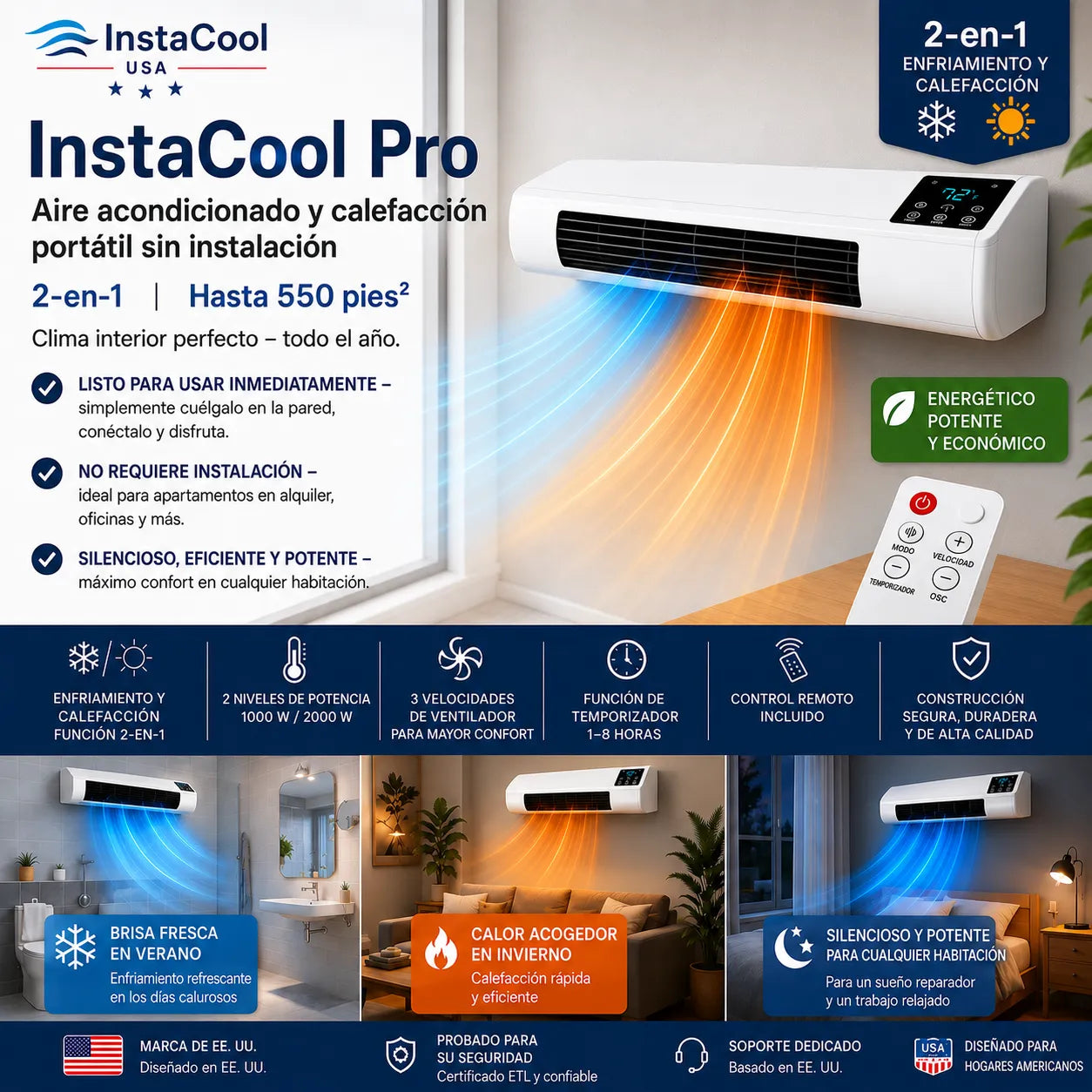 InstaCool Pro - Aire acondicionado y calentador portátiles – No requiere instalación | 2 en 1 | Cubre hasta 550 pies cuadrados