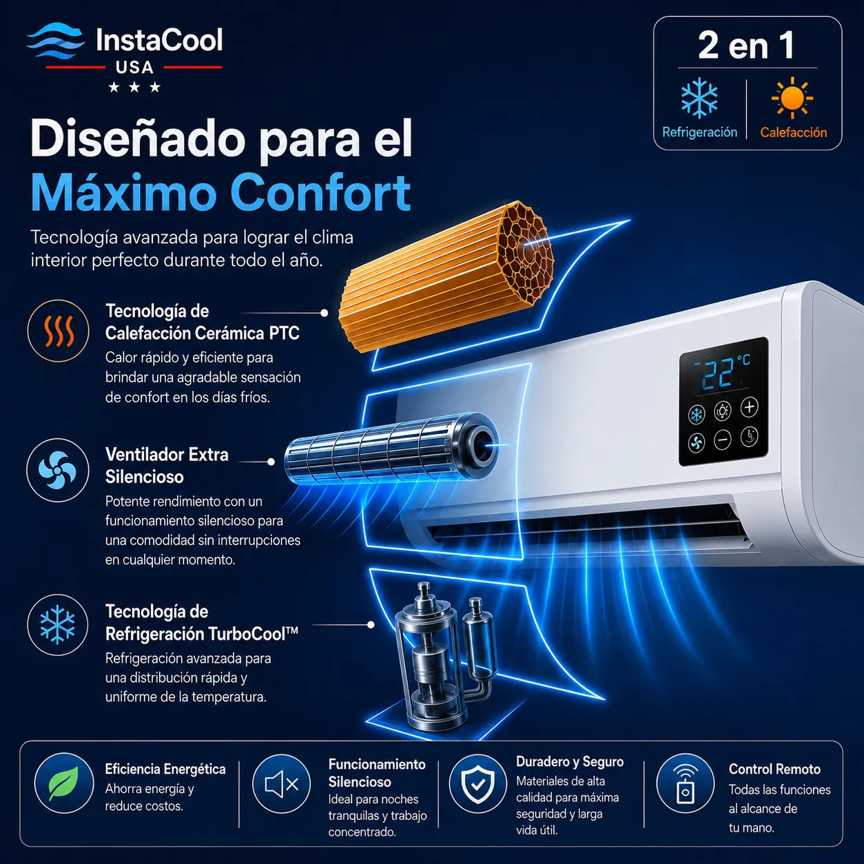 InstaCool Pro - Aire acondicionado y calentador portátiles – No requiere instalación | 2 en 1 | Cubre hasta 550 pies cuadrados